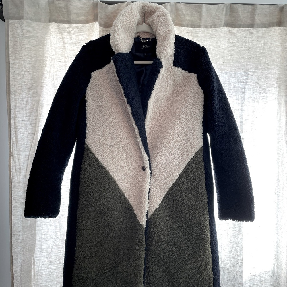 J.Crew Navy ivory olive color block Sherpa topcoat
